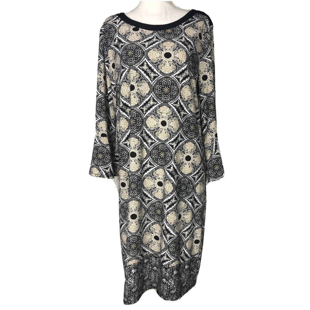 Kim Rogers Size XL Tunic Dress Ladies Black Beige Geometric Long Sleeve